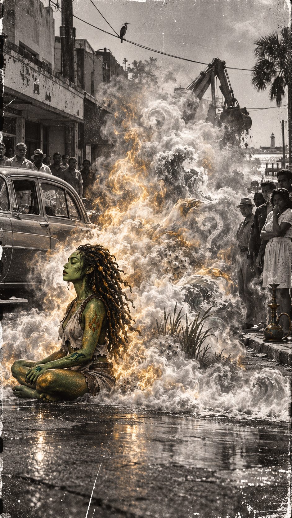 A green-skinned woman meditates cross-legged on a wet street as fire, smoke and waves rise behind her while onlookers watch