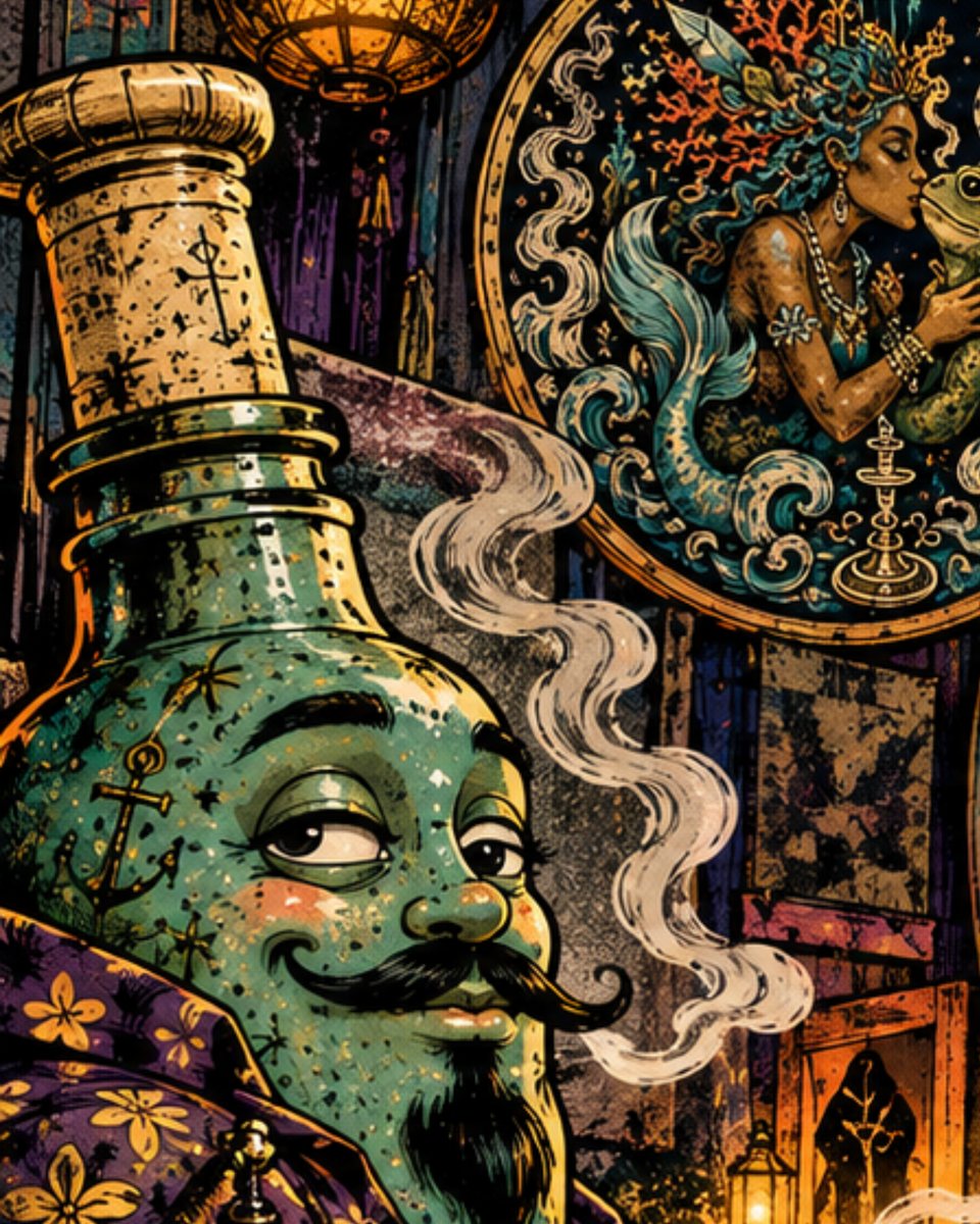 A mustached bottle character in a purple floral robe exhales smoke beside a brass hookah; a mermaid kissing a frog hangs on the wall behind him