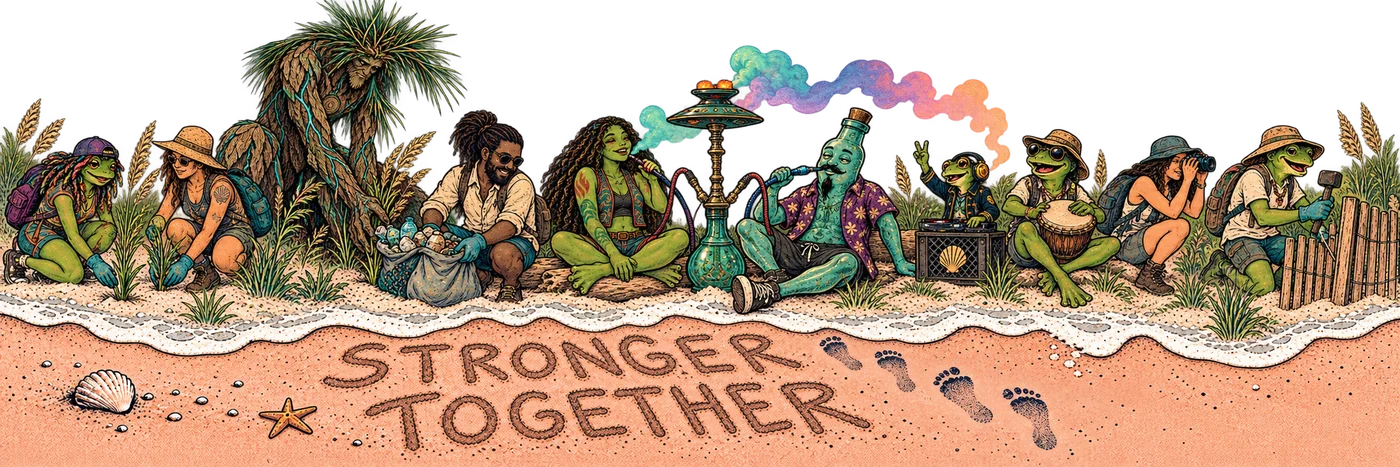 The BLH tribe on the shoreline with STRONGER TOGETHER written in the sand
